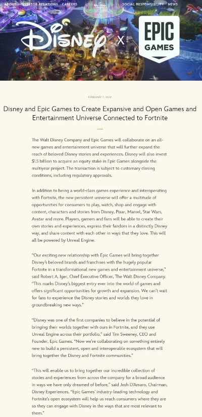 传迪士尼高层有兴趣收购Epic Games 正等待时机